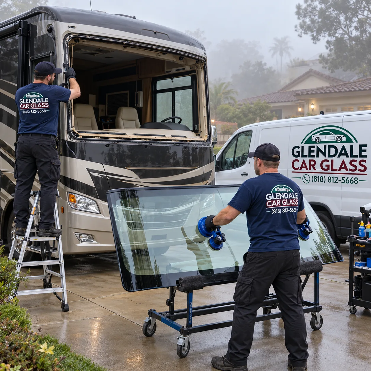 Glendale Car Glass technicians installing a motorhome windshield in Glendale, CA