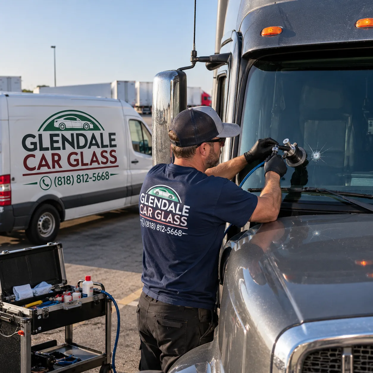 Glendale Car Glass technician repairing a semi-truck windshield chip
